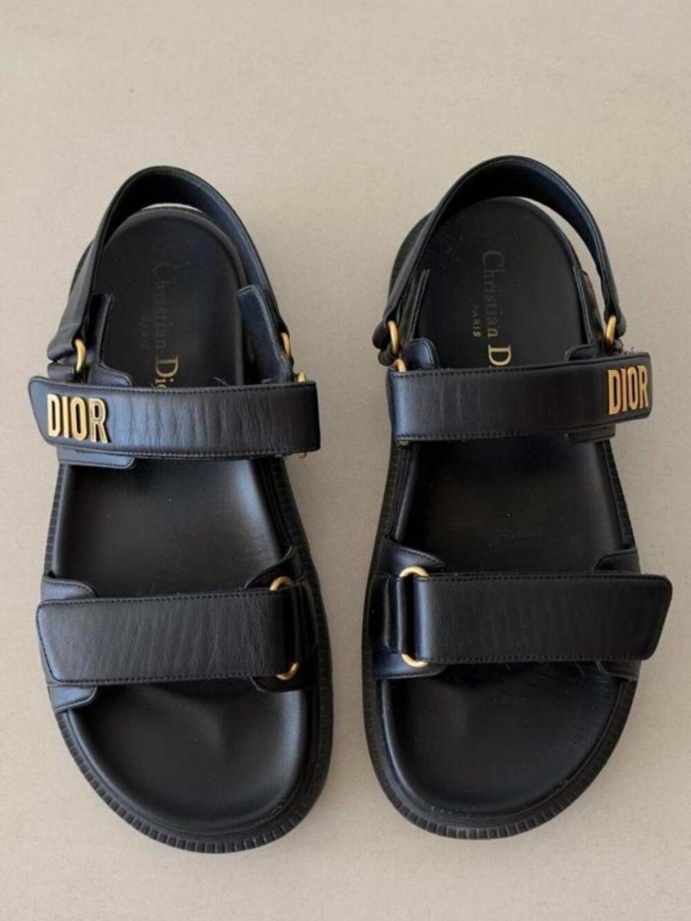 Dior Black Leather Sandals with Gold Logo Accents – Size 37.5